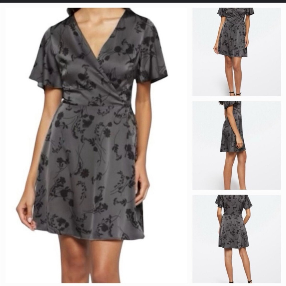 41 Hawthorn Gray Floral Flutter Sleeve Satin Wrap Mini Dress Petite Small NWT